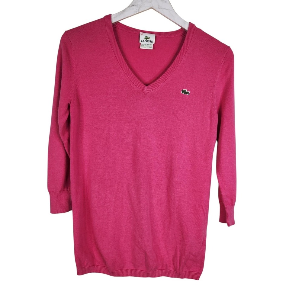 LACOSTE Sweater Womens 40 Medium Pink V Neck 100% Cotton Logo Pullover Knit Top